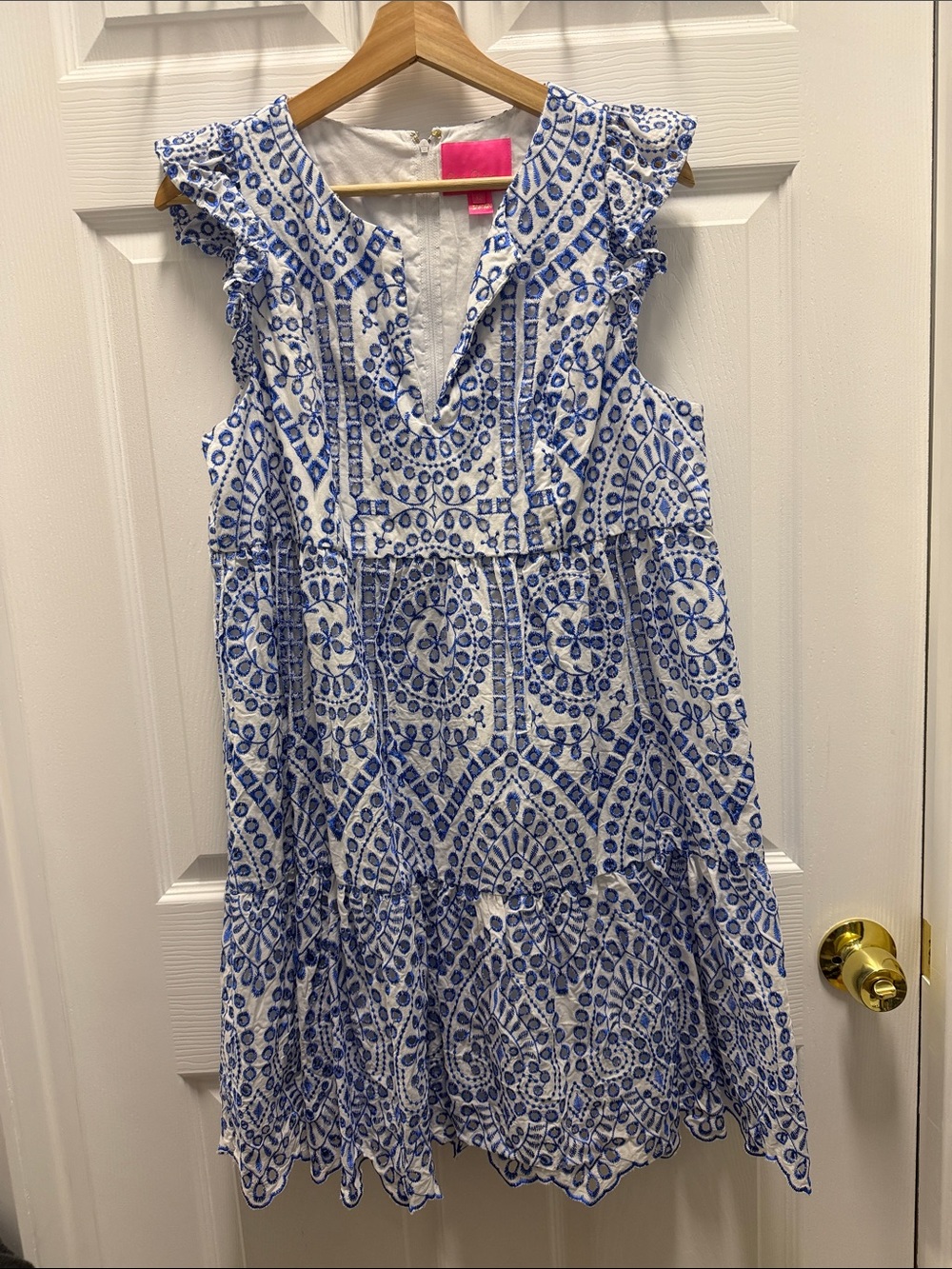 Lilly Pulitzer Blue and White Embroidered Ruffle Tiered Dress